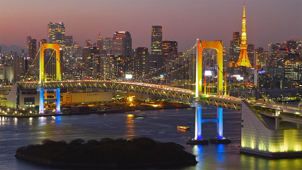 Tokyo's Rainbow Bridge and city skyline
