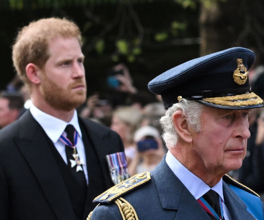 King Charles and Prince Harry walking behind the late Queen's coffin at her funeral.