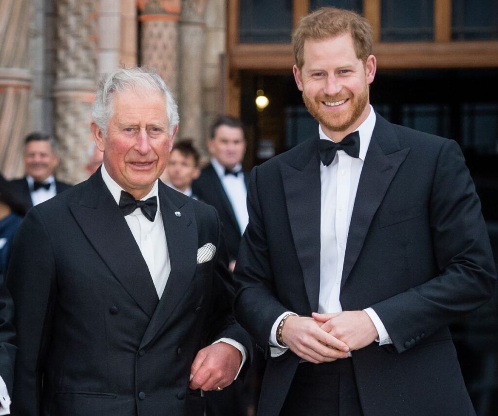 King Charles and Prince Harry smiling together.