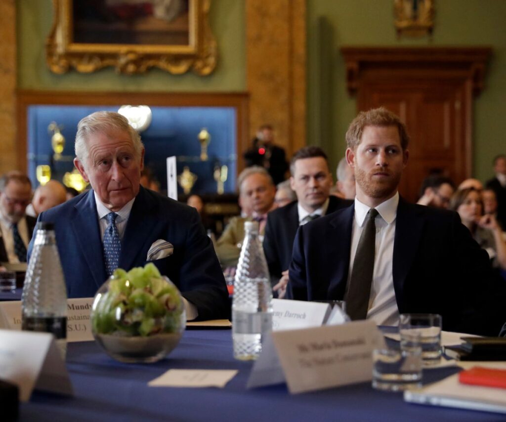 Prince Harry and King Charles sitting next to each other with sad looks on their faces.