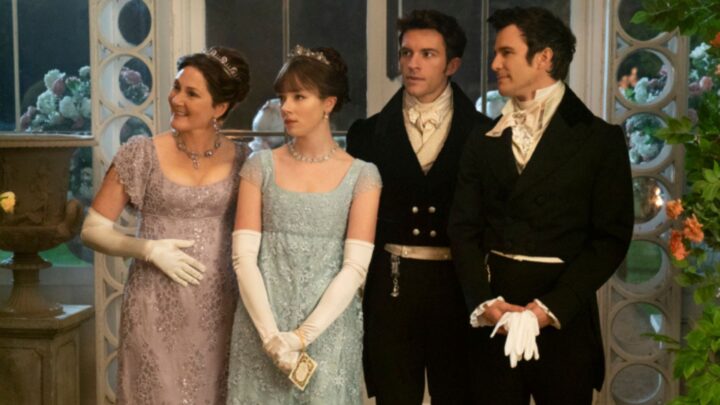The Bridgerton siblings, dressed in their Regency-era best, look less than pleased as mother Violet smiles
