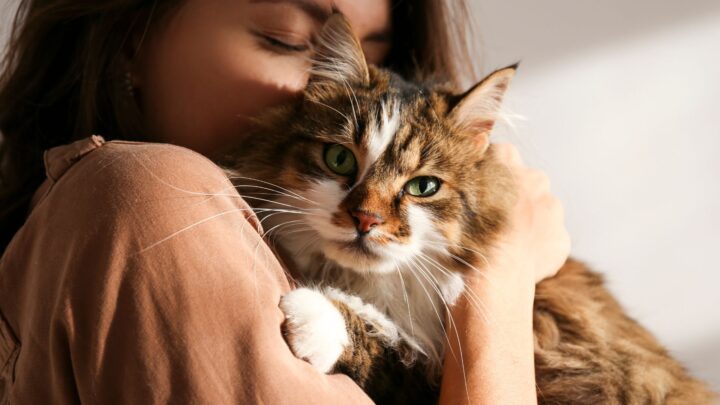 woman snuggling cute cat