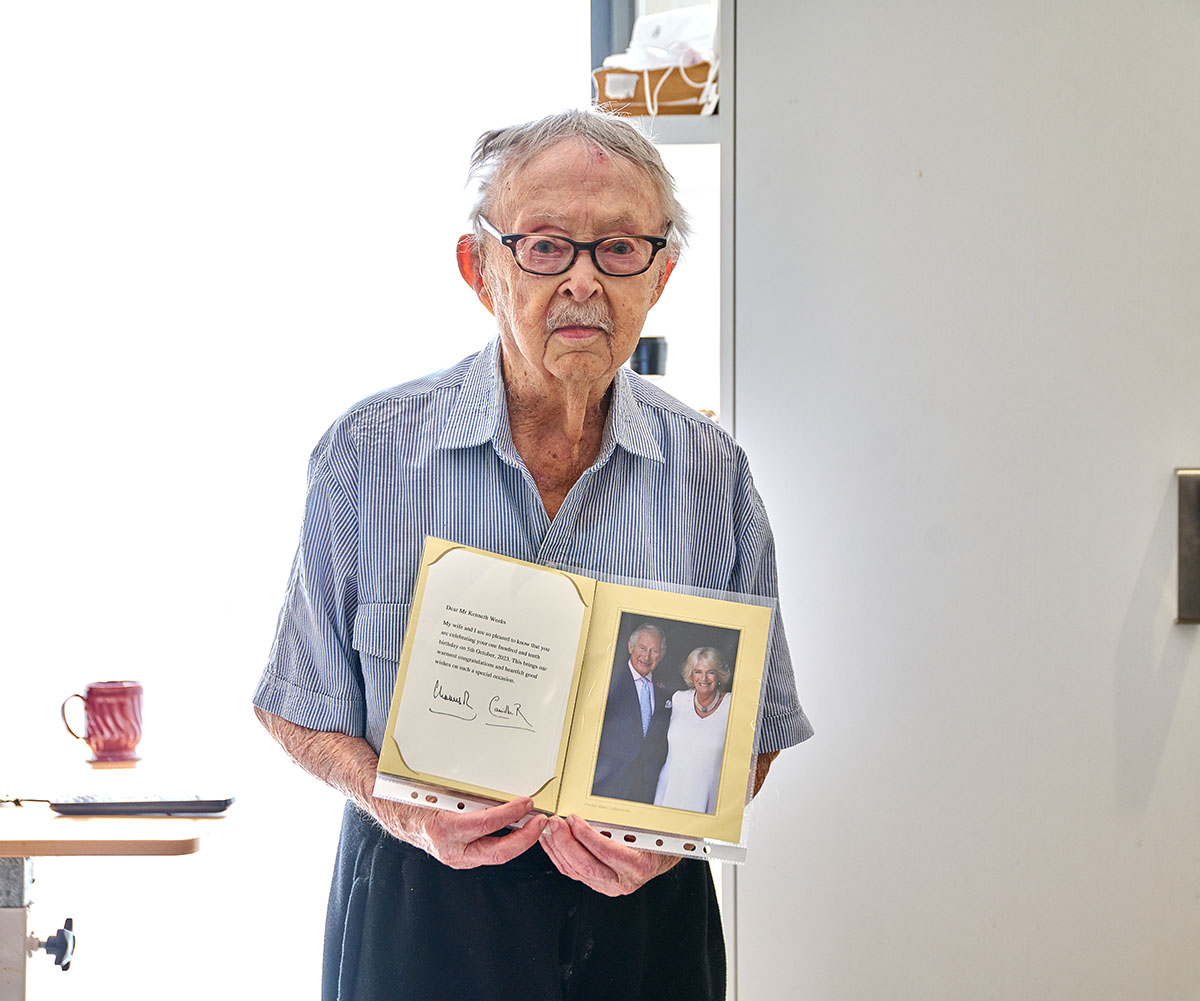 Ken Weeks with his birthday letter from King Charles for his 110th birthday. (Image: Supplied)