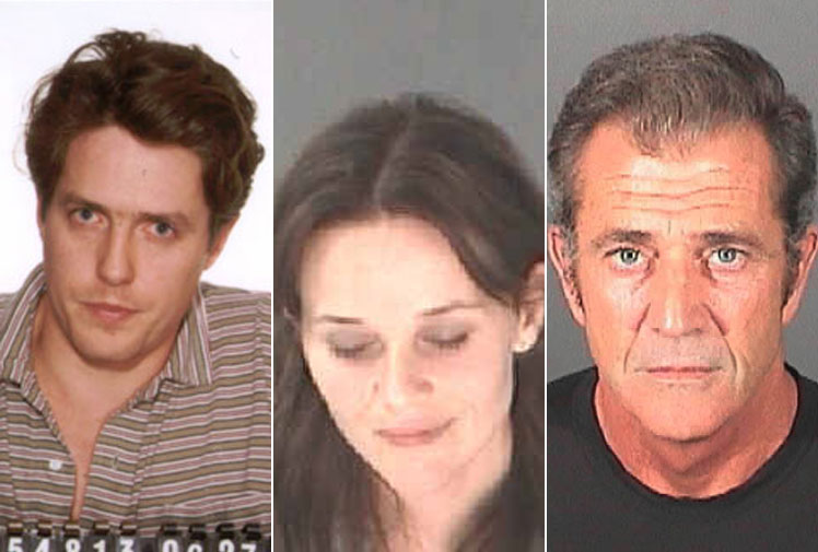 Hugh Grant, Reese Witherspoon, Mel Gibson mug shot