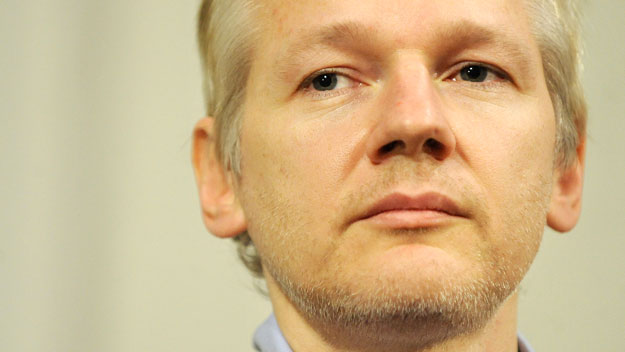 Julian Assange at a press conference in London