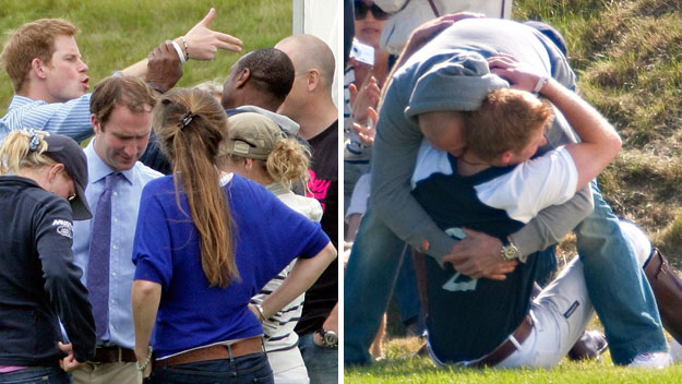 Prince Harry wrestles cousin's fiance at polo