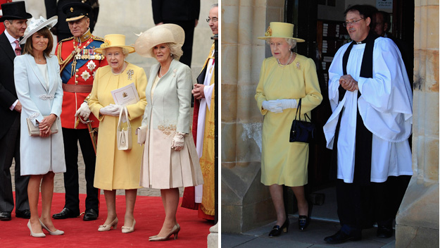 The queen of thrift: Elizabeth wears wedding outfit to church