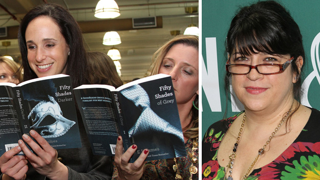 Fans reading the erotic novels (left) and the author EL James.