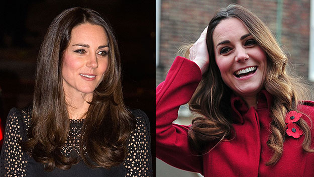 Kate's glossy new locks, and showing off some silver strands last month.