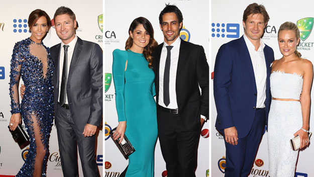 Michael and Kyly Clarke, Mitchell and Jessica Johnson and Shane and Lee Watson. Image: Getty.