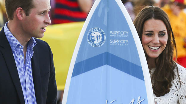 Prince William and Kate Middleton with surfboard Manly Sydney