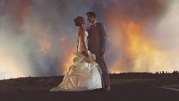 Wedding with wildfire in the back