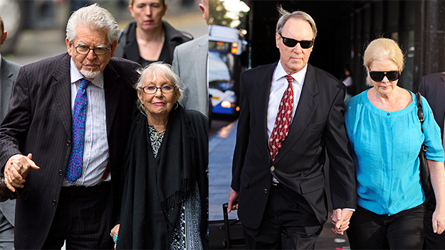 Rolf Harris and his wife, Alwen; and Robert Hughes and his wife, Robyn Gardiner, outside the courts.