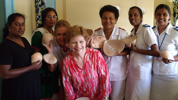 Lily DeSantis (left centre) and Heather Tait (centre) with the nurses at Lautoka Hospital in June.