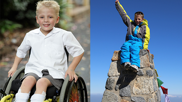 Nicholas Crowne in Kindergarten and at the top of Mount Kosciuszko. Pictures: Supplied