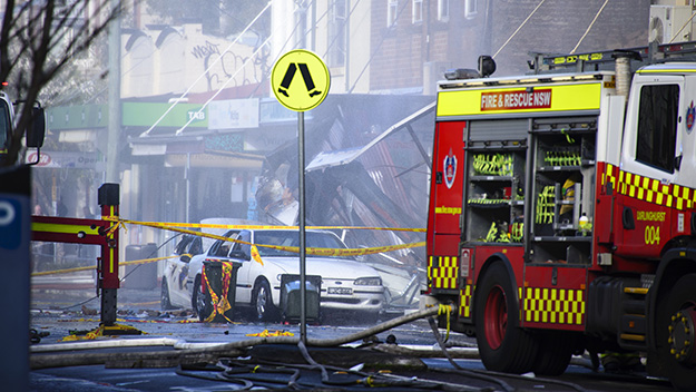 The general scene of the explosion in Darling Street, Rozelle, that killed three people.