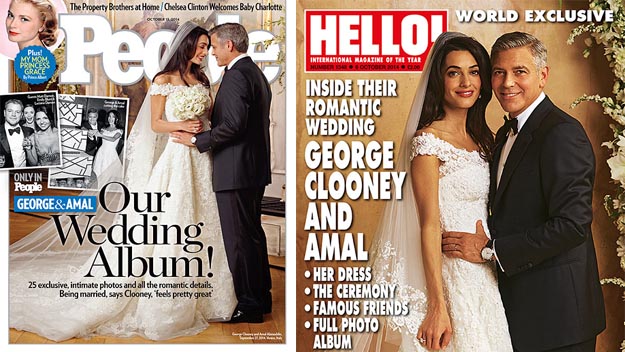 Amal Alamuddin and George Clooney on the cover of People and Hello! magazines.
