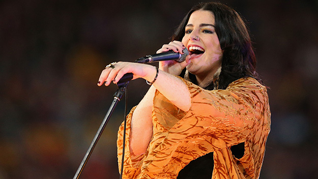 Karise Eden performs during game three of the 2012 State of Origin series between the QLD and NSW in Brisbane.