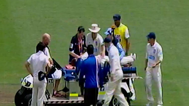 Philip Hughes hit by a cricket ball to the back of his head during a match.