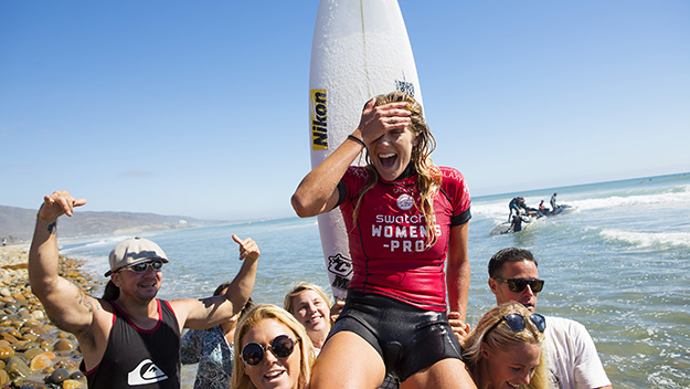 Stephanie Gilmore celebrates her victory at the Hurley Pro Trestles in September