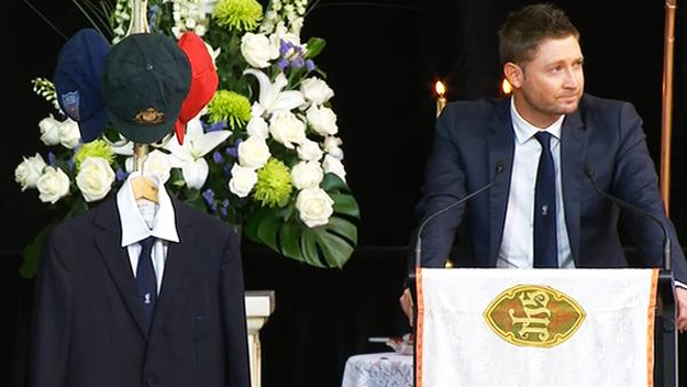 Michael Clarke gives an emotional tribute at the funeral for teammate and close friend Phillip Hughes