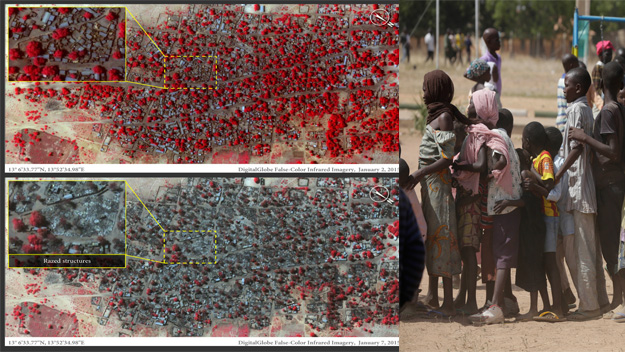 Left: Satellite images of the area before and after. Right: Displaced children line up for help.