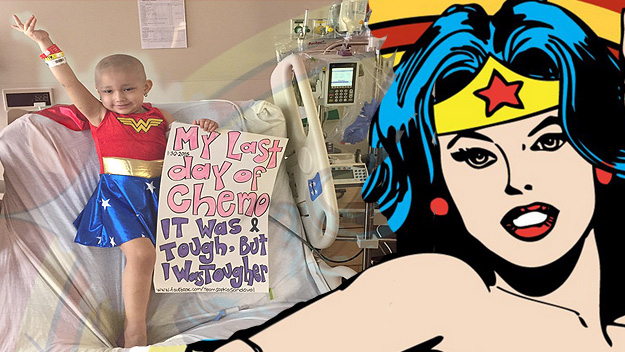 Little girl with cancer dressed up as wonder woman