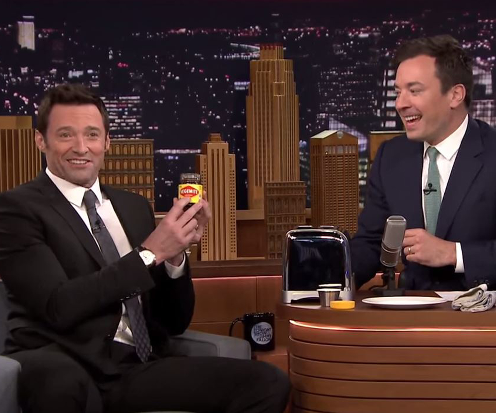 Hugh Jackman teaches Jimmy Fallon how to really eat Vegemite