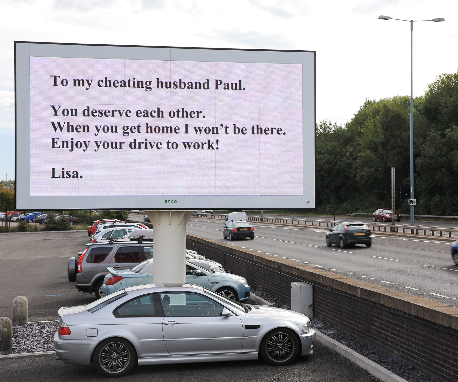 Scorned wife gets last laugh with motorway billboard