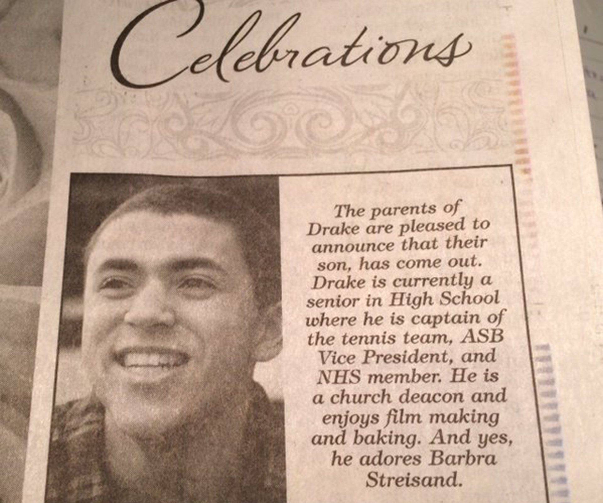 Parents take newspaper ad out to congratulate gay son on coming out