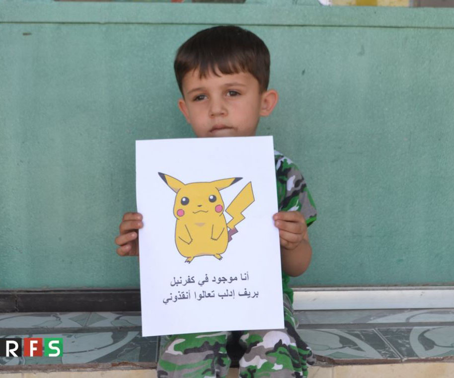 Syrian children hold Pokémon pictures in hope of being saved 