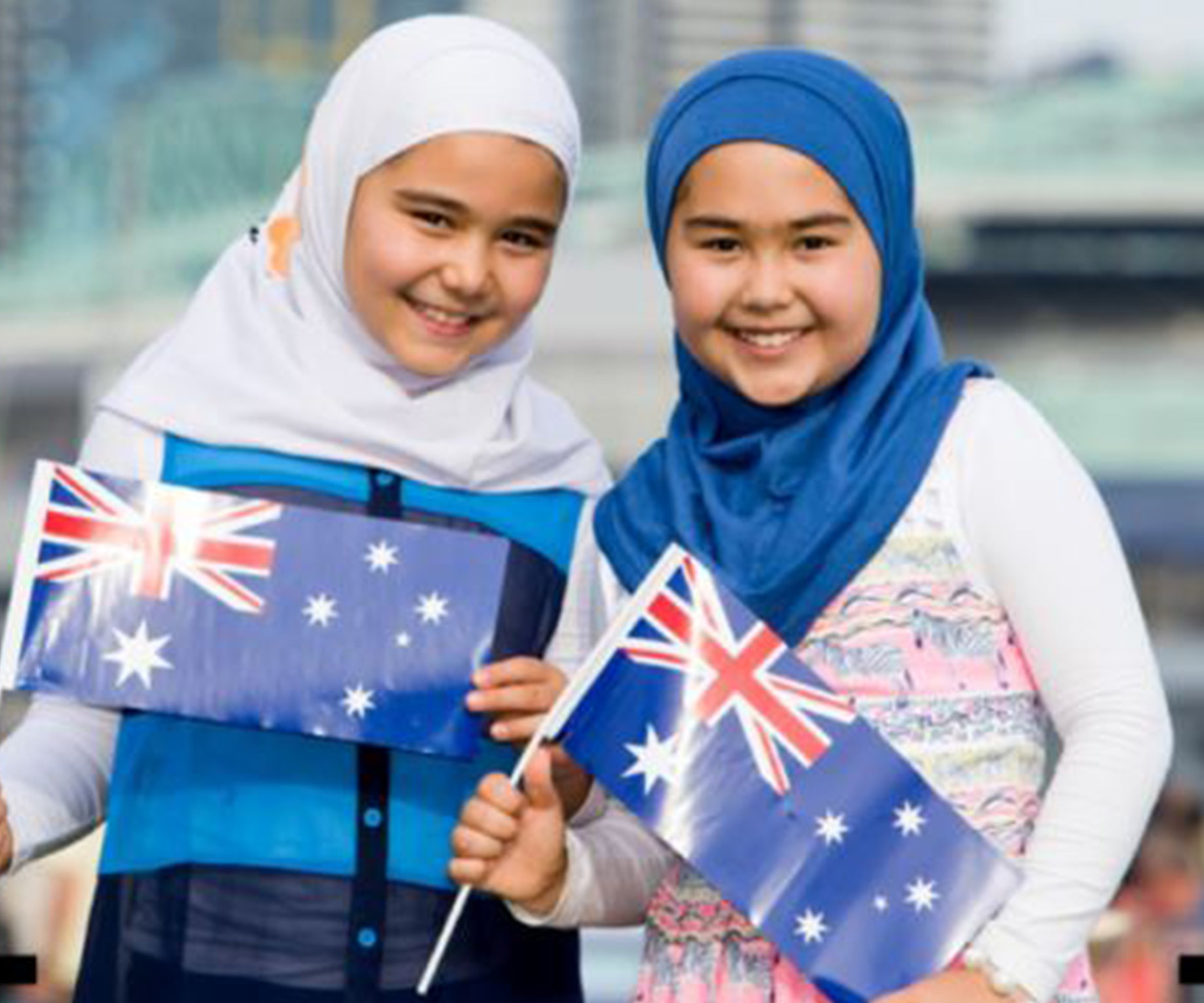 Two girls in hijabs celebrating Australia Day in 2016.