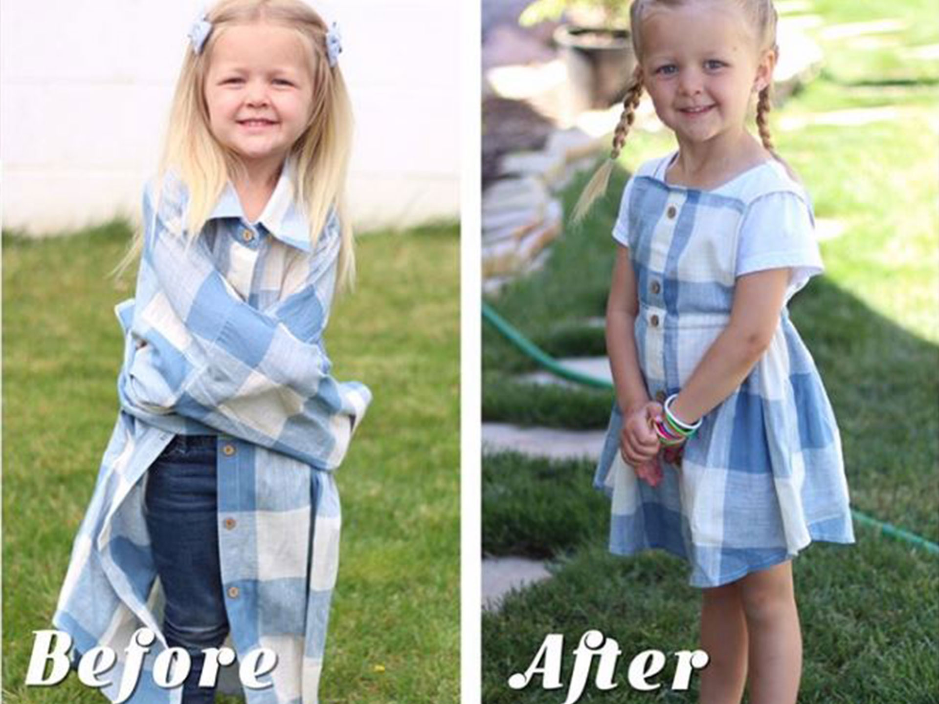 Mum transforms husband's old dress shirts into adorable outfits for her daughters