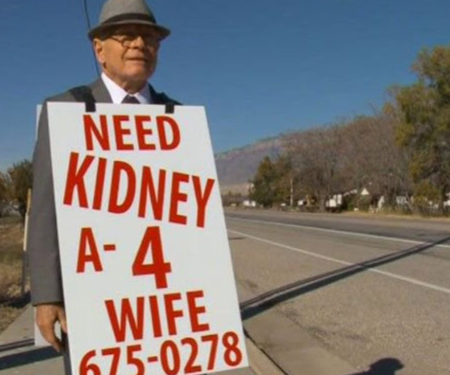 74-year-old hits the streets wearing a sandwich board sign searching for a kidney donor for his wife