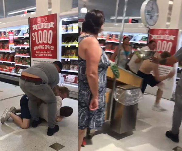 Savage brawl in a Chermside, Brisbane, Coles caught on tape