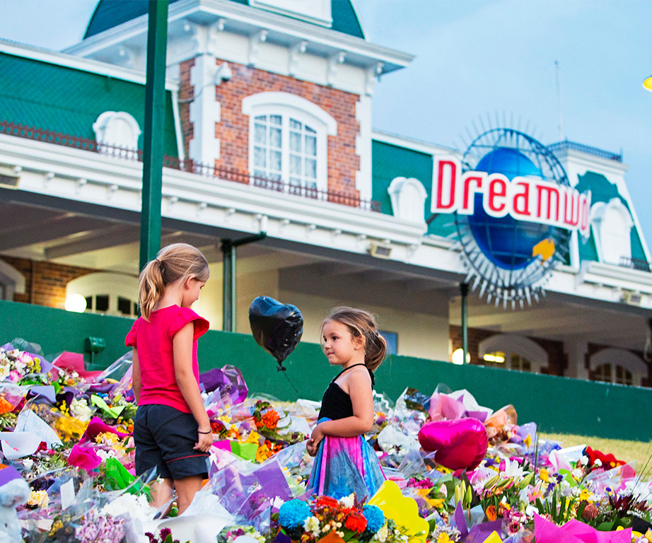 Floral tributes covered the entrance to Dreamworld in tribute to the four people killed on the Thunder Rapids ride.