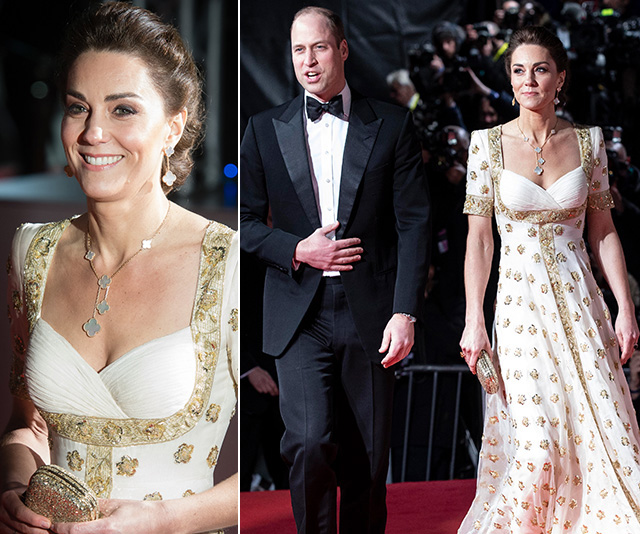 Duchess Catherine glimmers in a rare red carpet appearance, wearing a heavenly recycled Alexander McQueen gown