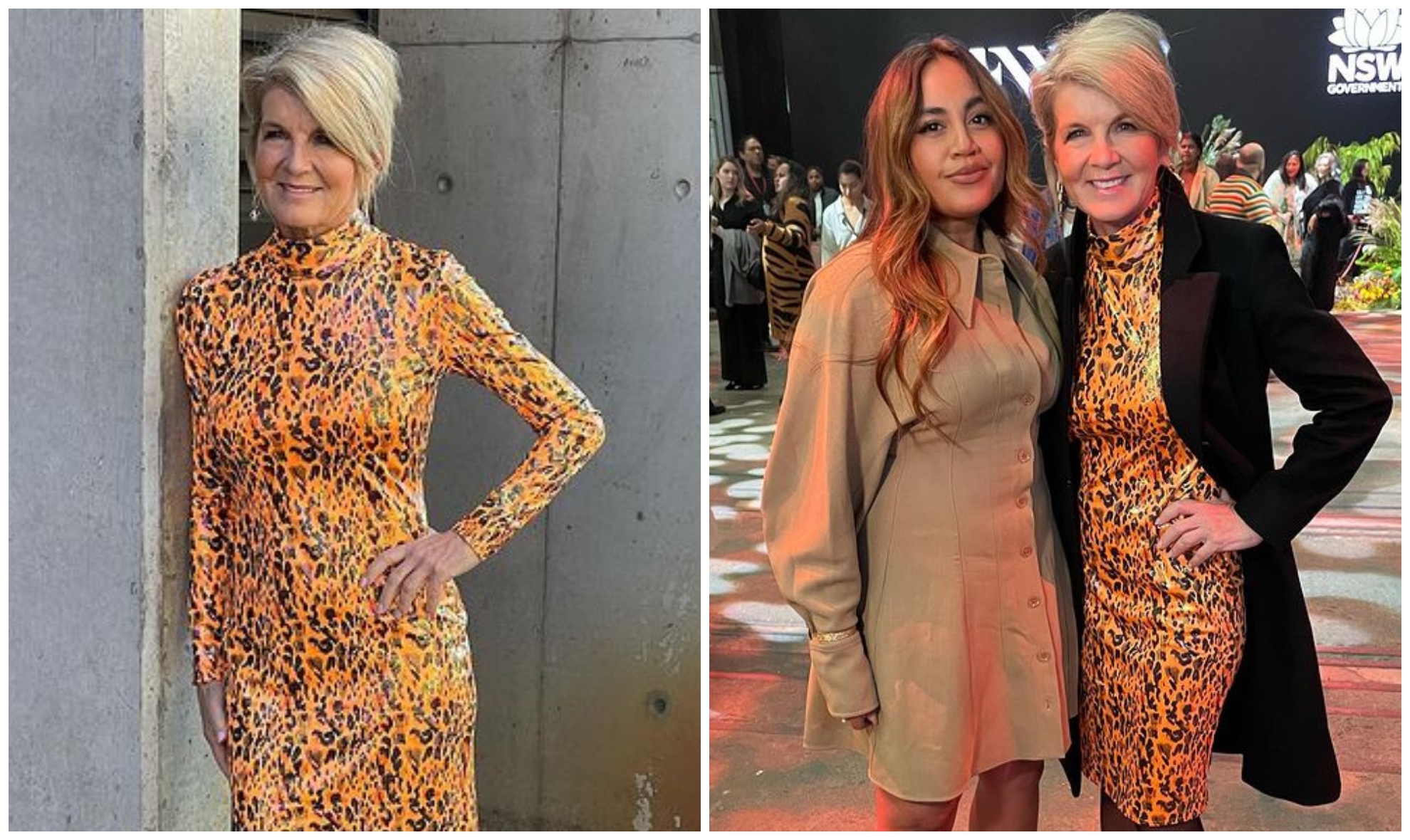 Our first lady of Aussie fashion Julie Bishop, 64, goes ultra glam in an orange leopard print dress at Fashion Week