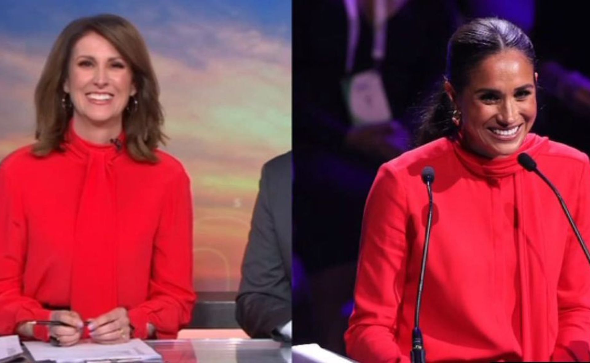 We are seeing double! Sunrise’s Natalie Barr accuses Meghan Markle of ‘loaning’ her red top