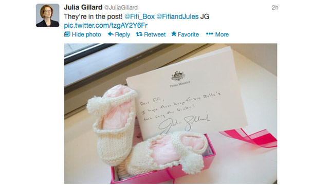 Julia Gillard knits booties for Fifi's baby girl