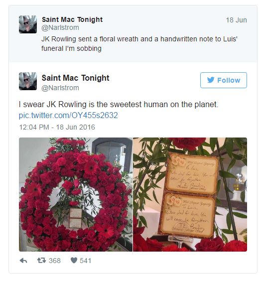JK Rowling sent flowers to Orlando victim’s funeral