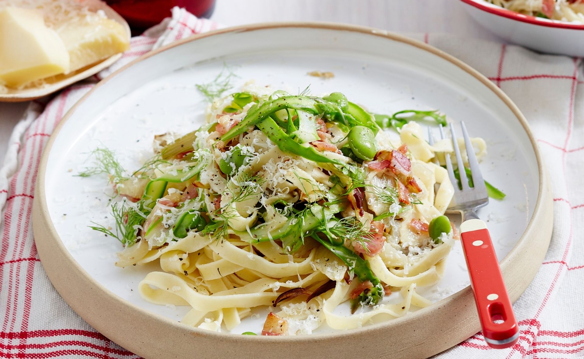 Roasted fennel fettuccine with asparagus and broad beans recipe