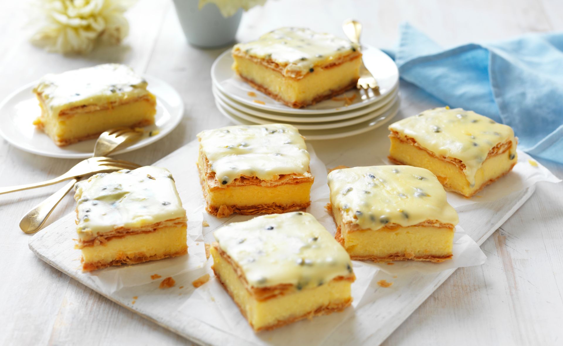 Vanilla slice with passionfruit icing
